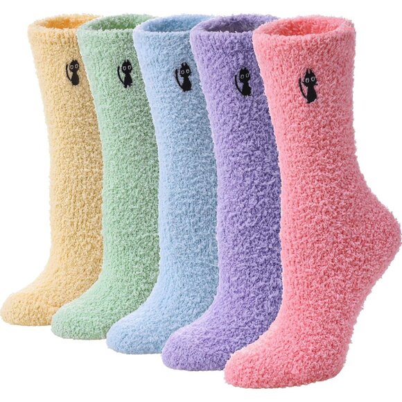 ⚡Women 5 Pairs Cat Soft Fuzzy Cozy Sleeping Microfiber Winter Warm Slipper Socks - Picture 3 of 5